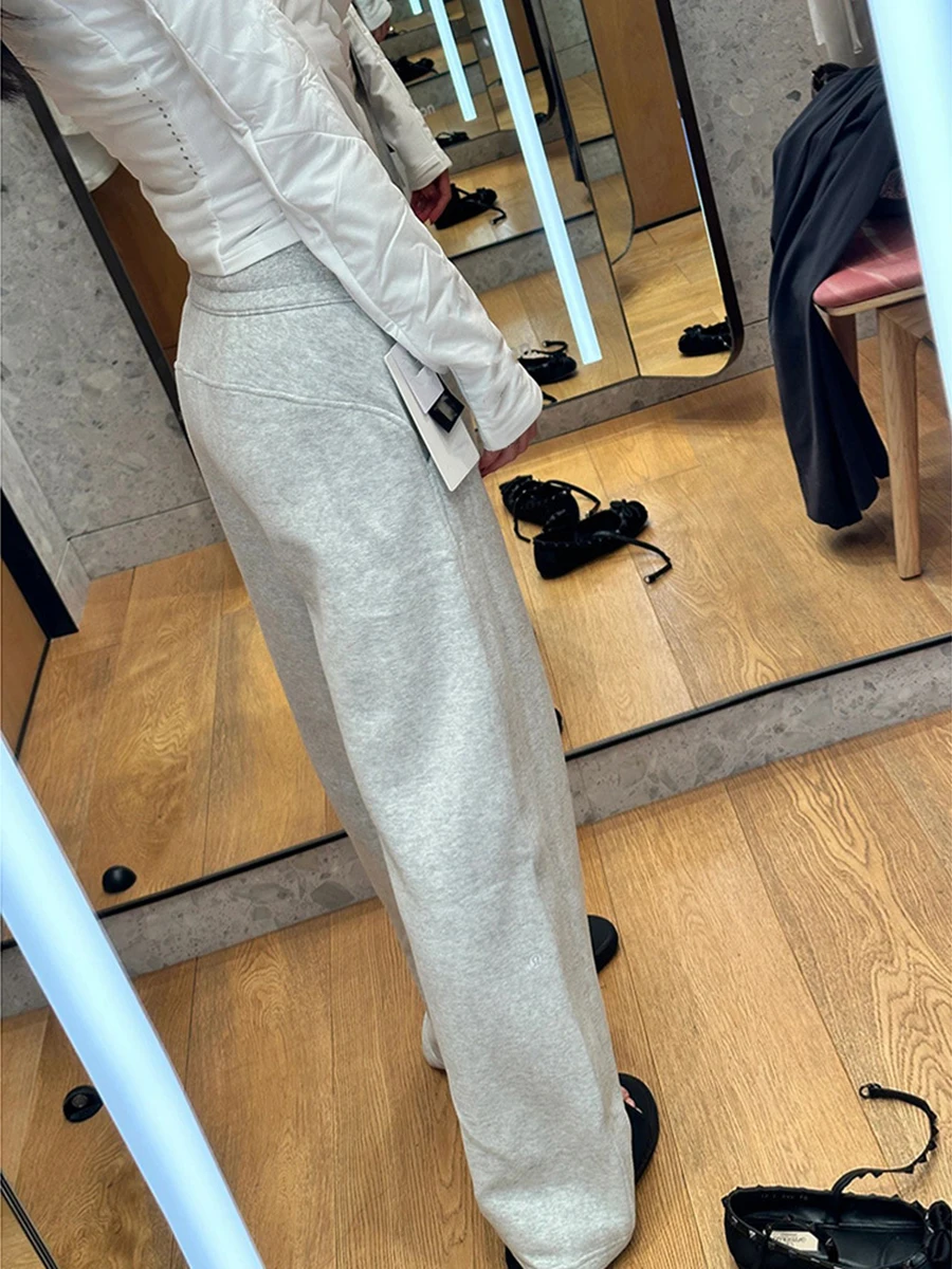 Drawstring Gray Sweatpants Women 2024 New High Waist Simple All-match Straight Trouser Winter Fashion Casual Sport Pant Femme
