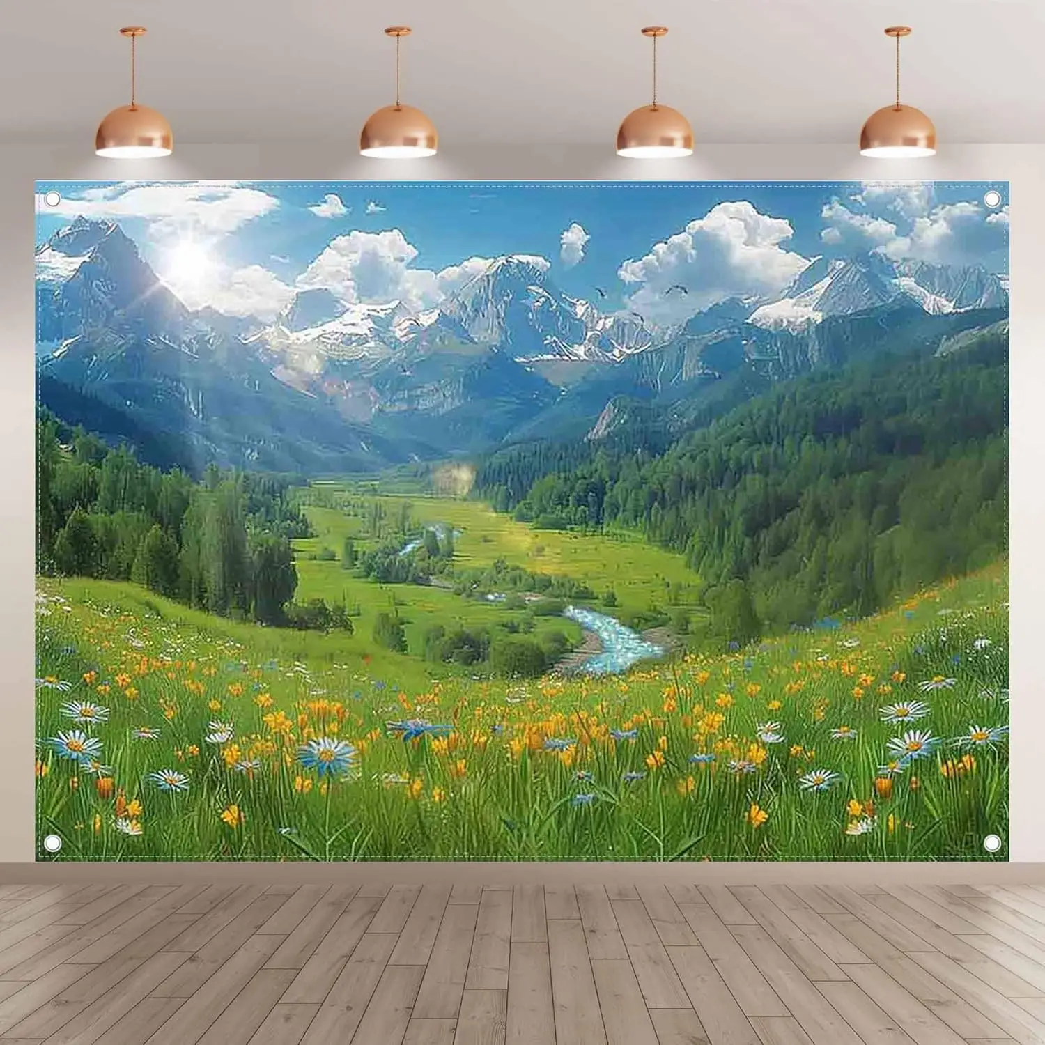 

Spring Natural Scenery Photography Backdrop Mountain Flowers Forest Tree Lake Background Camping Party Decor Photo Booth Banner