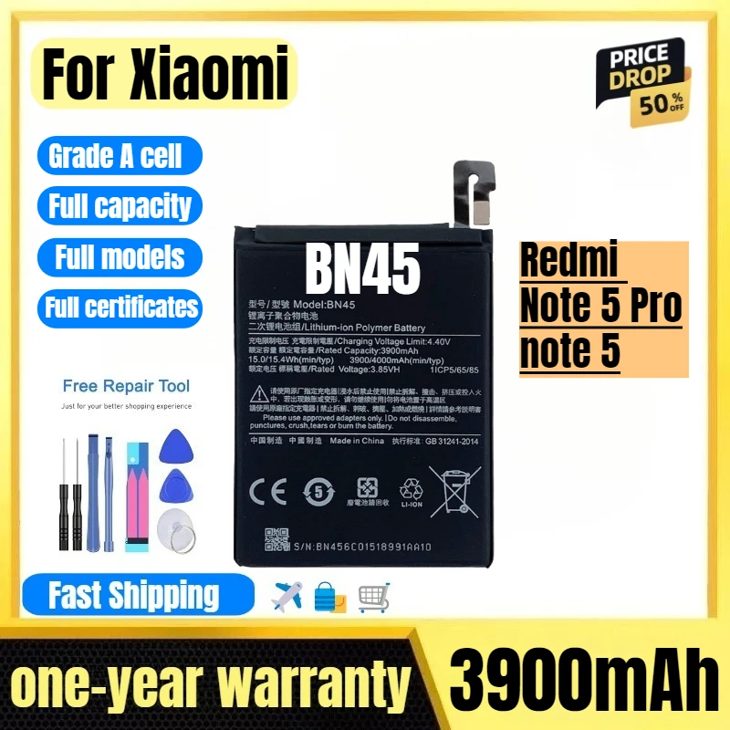 

BN45 for Xiaomi Redmi Note 5 Pro/note 5 Phone Battery High Quality High Capacity Replacement Bateria Grade A Cell with Tools