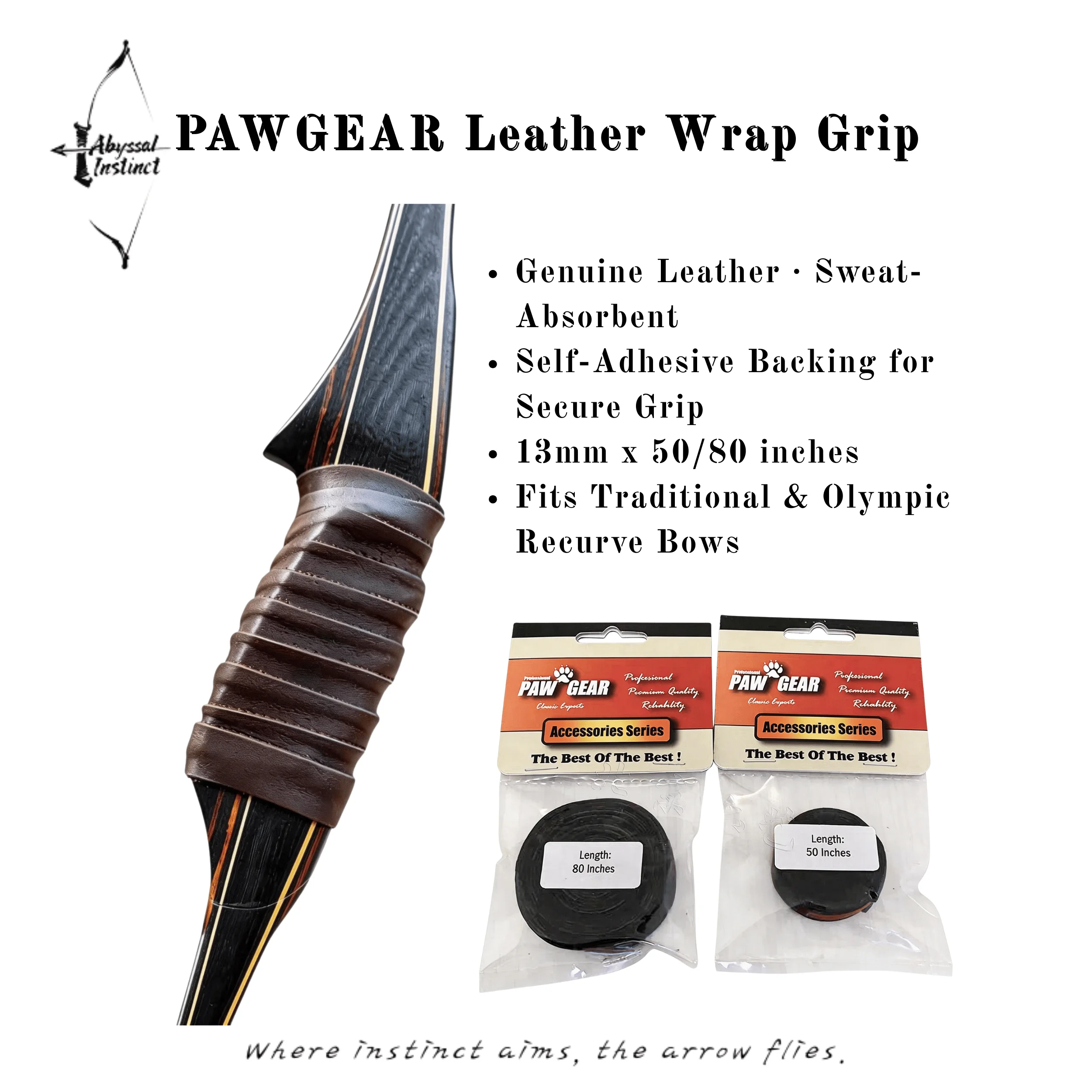 

Genuine Leather Wrap Grip for Recurve/Trad Bow – Cowhide Grip Tape, Sweat-Absorbent, Self-Adhesive, 15mm x 50/80 inches