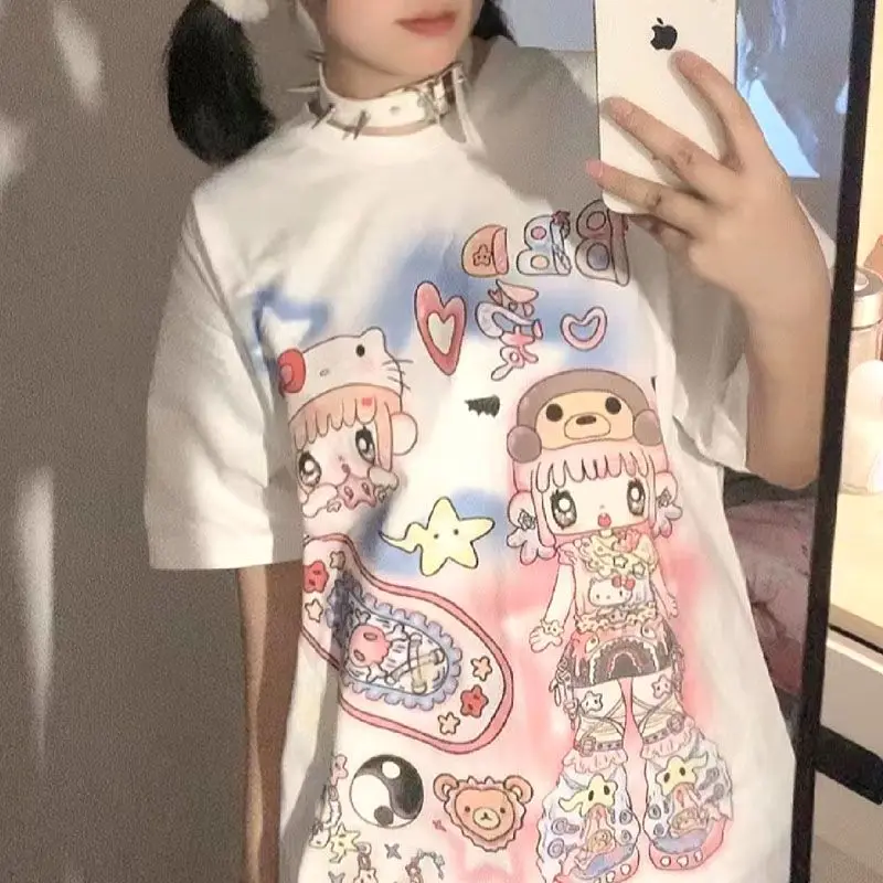 Girls Top Trend Japanese Printed Star Short Sleeve Girl Anime Kawaii 2024 Pulovers Summer Thin T-shirt Casual Basics Tees