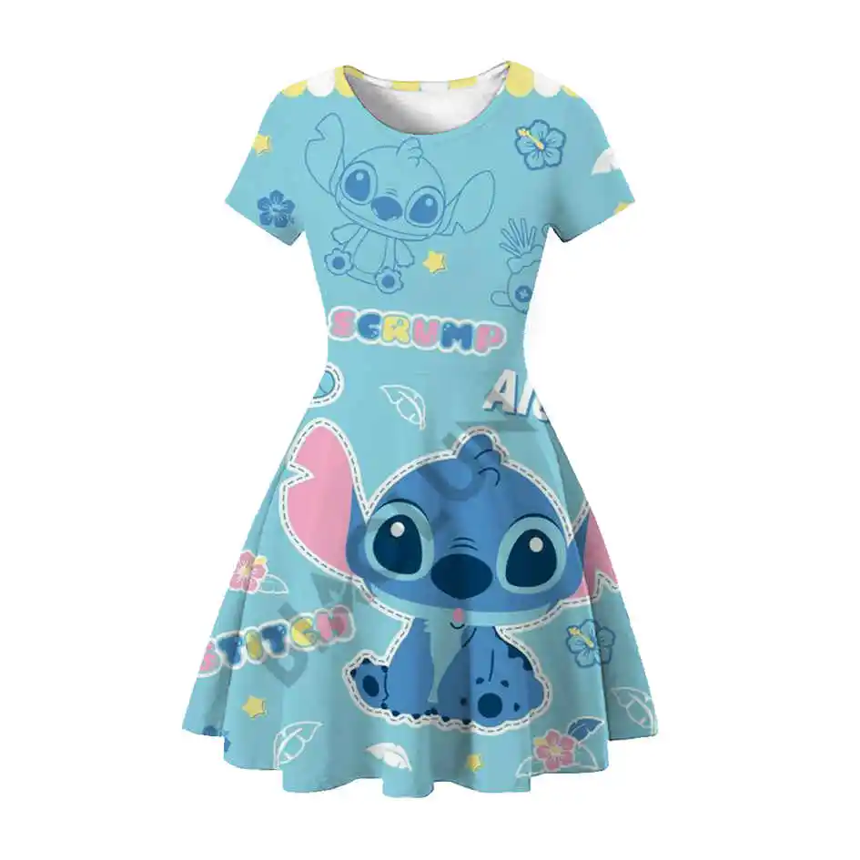 2024 sommer Neue Casual Mode Niedliche Prinzessin Kleid 3D Druck Disney Stich Rundhals Kurzarm Prinzessin Kleid