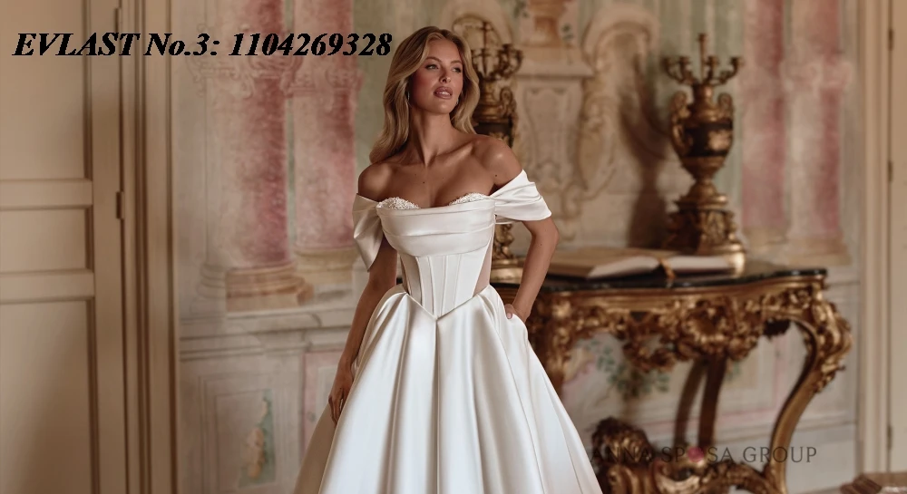 EVLAST カスタムメイド 2026 エレガント アラビック アソエビ Aライン ウェディングドレス オフショルダー サテン プリーツ ブライダルガウン 花嫁衣装 E3WA22