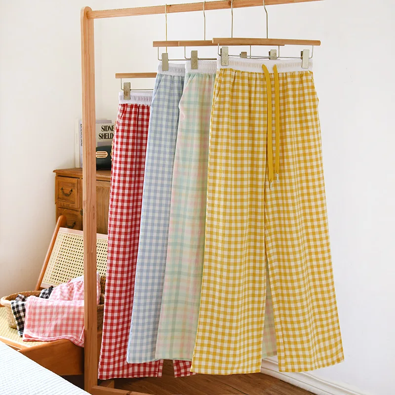 

Color Matching Straight-leg Home Pants Women's Pure Cotton Plaid Loose Pajama Pants Elastic Waist Drawstring Sleep Bottoms