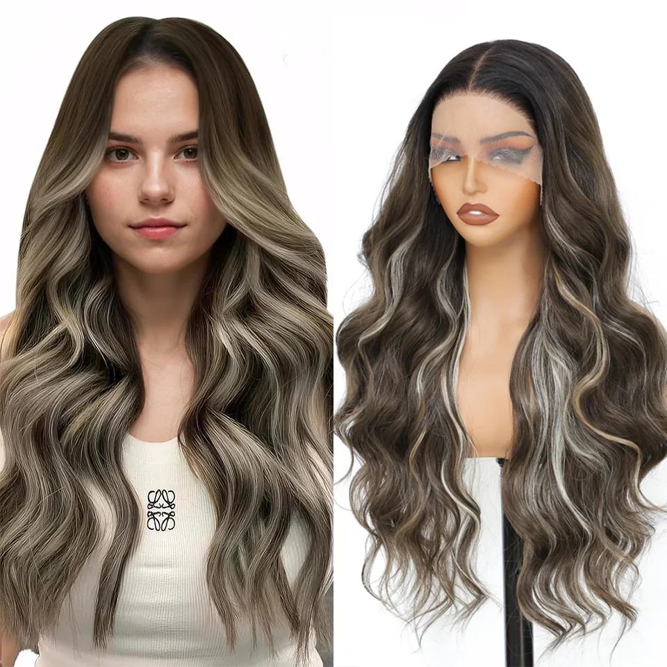 

Ombre Color 30 Inches Synthetic Hair Wig Highlight 13x4 Loose Wave Transparent Lace Front Wig 180D High Temperature Fiber Wigs