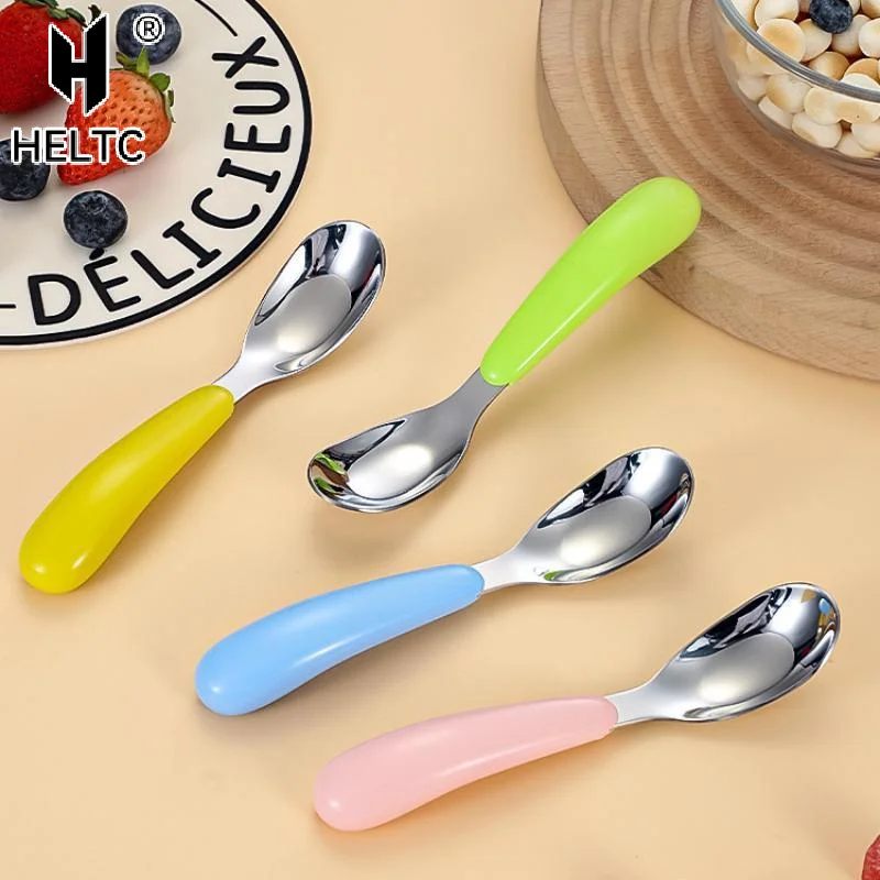 Stainless Steel Spoon Soup Spoon Cake Dessert Spoon Creative Baby Feeding Spoon Household Flat Bottomed Scoop Kitchen Tableware