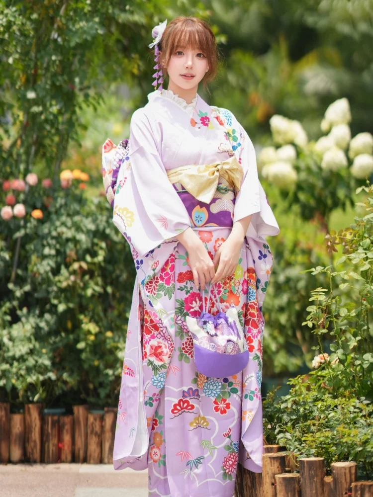 

Women Japanese Traditional Furisode Kimono with Obi Floral Prints Formal Yukata Cosplay Costume Photography Long Dress