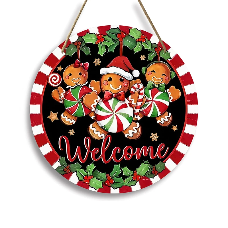 2D Wooden Merry Christmas Gingerbread Man Round Hanging Sign Wall Or Door Decoration Outdoor Courtyard Ornaments