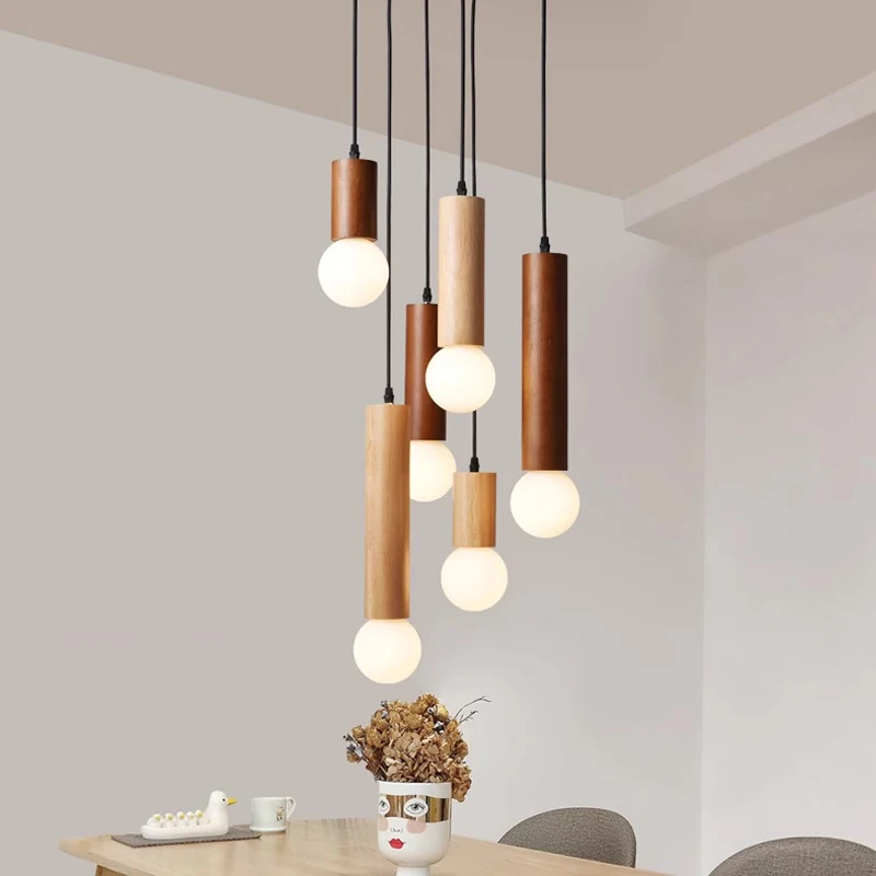

Dining room chandeliers Nordic logs creative and personalized minimalist Japanese style duplex staircase bar lighting fixtures