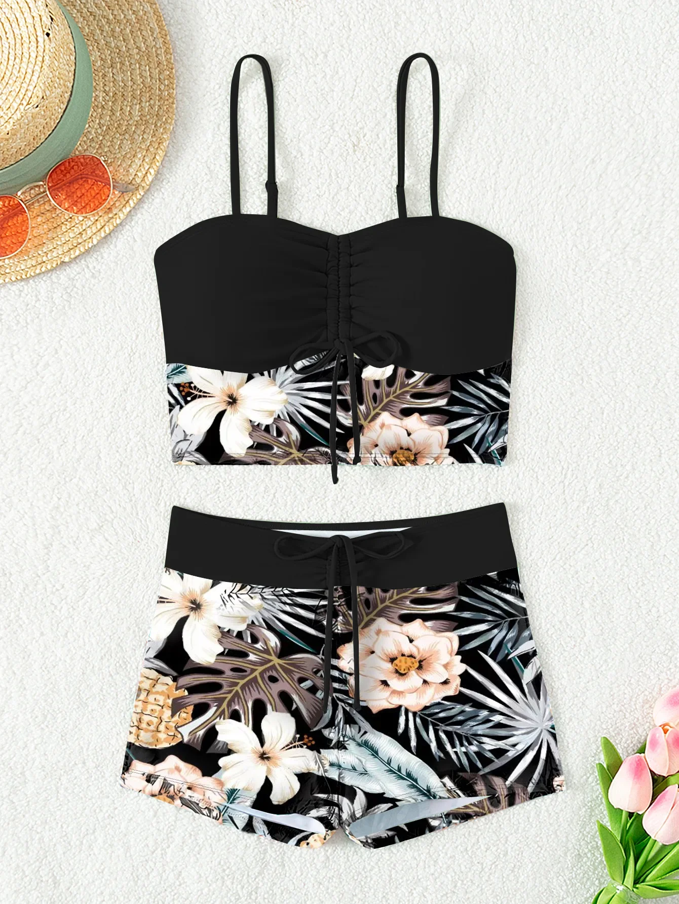 Vintage preto floral impressão conjuntos de biquinis feminino plissado push up cordão cintura alta maiô tankini 2025 maiô