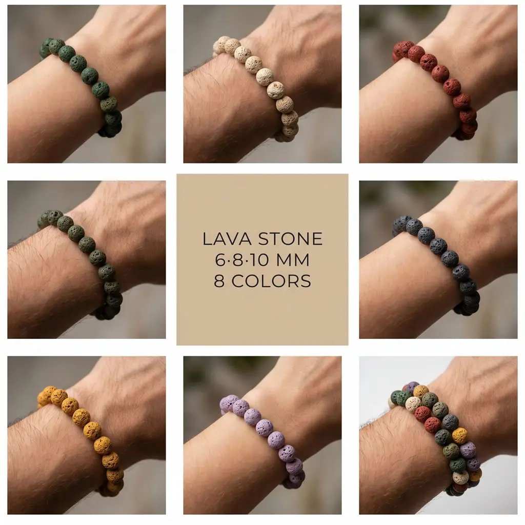 Bracelet en pierre de lave volcanique élastique fait main, 12 couleurs, absorbant les huiles essentielles, aromathérapie, perles de 6 mm, 8 mm, 10 mm, 17 cm, 19 cm, 21 cm