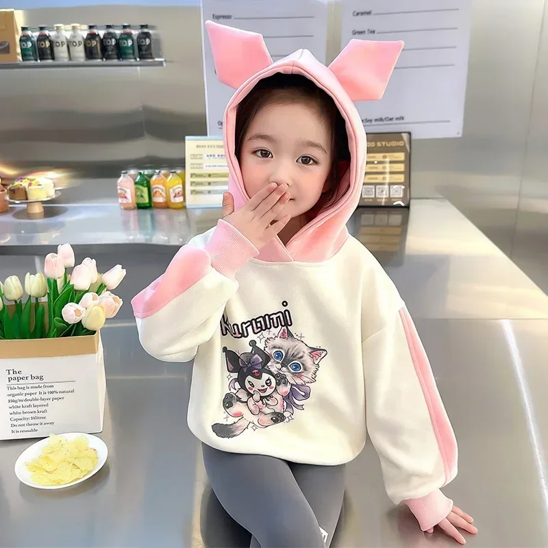 

2024 Kawaii Anime Sanrio Ins Long Sleeve Hooded Cute Kuromi Cartoon Sweet Blouse Shirt Clothing Lovely Toys Gifts for Kids