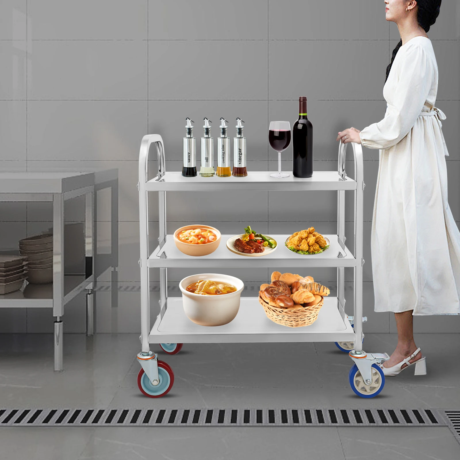 Stainless Steel Kitchen Cart, 3-Tier Mobile Workstation with Locking Wheels, 400LB Capacity for Restaurant/Home/Hotel/Café Use