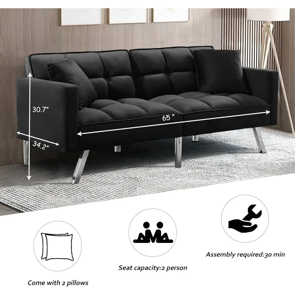 Futon Sofa Bed 74" Modern Convertible Folding Lounge Couch Loveseat Daybed Upholstered Sofá with 2 Pillows Living Room Bedroom