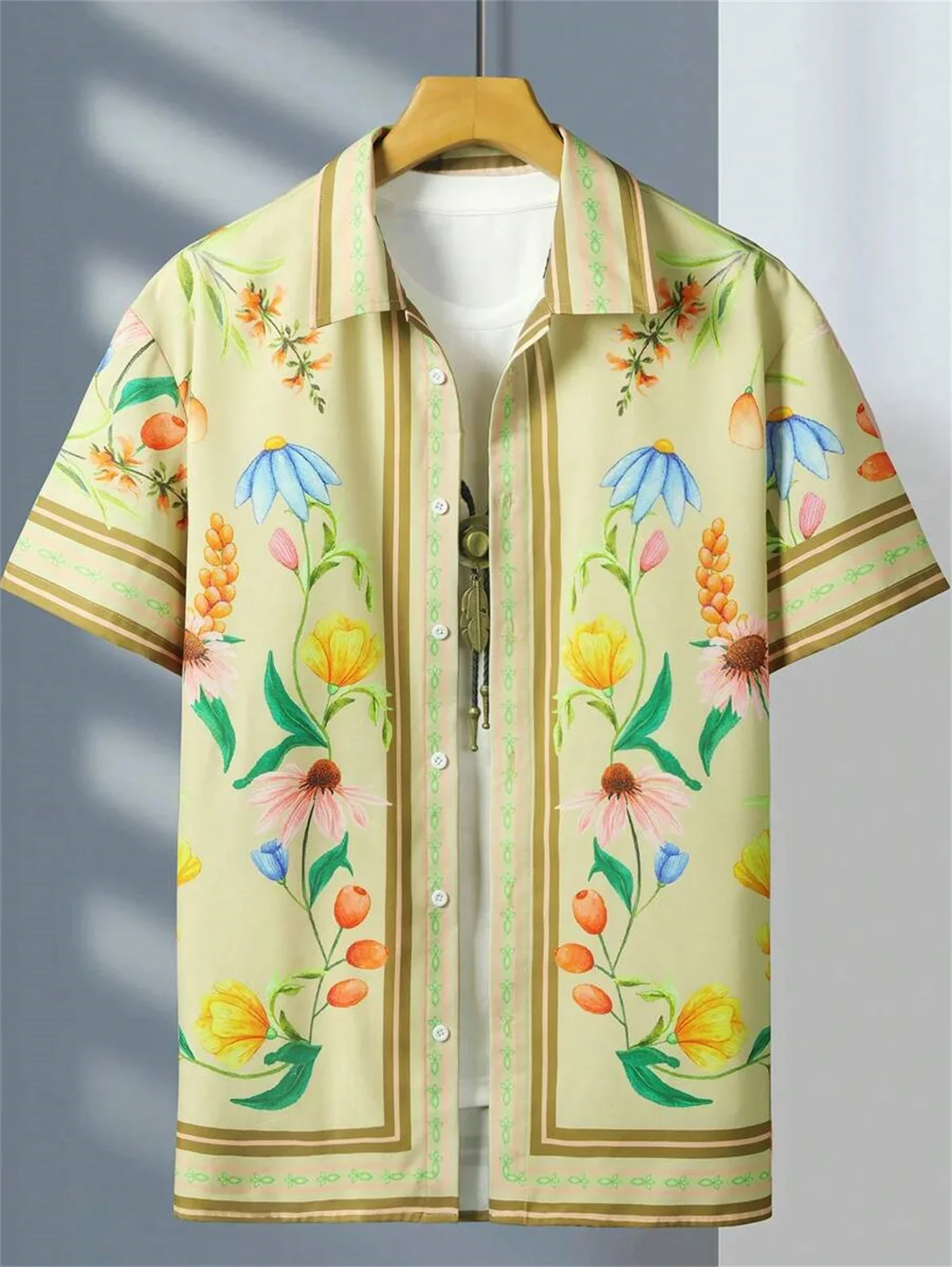 2024 New Men\'s Shirt Flower Print Ethnic Totem Style Lapel Men\'s Short Sleeve Tops Large Size Casual Men\'s Short Sleeve Shirt