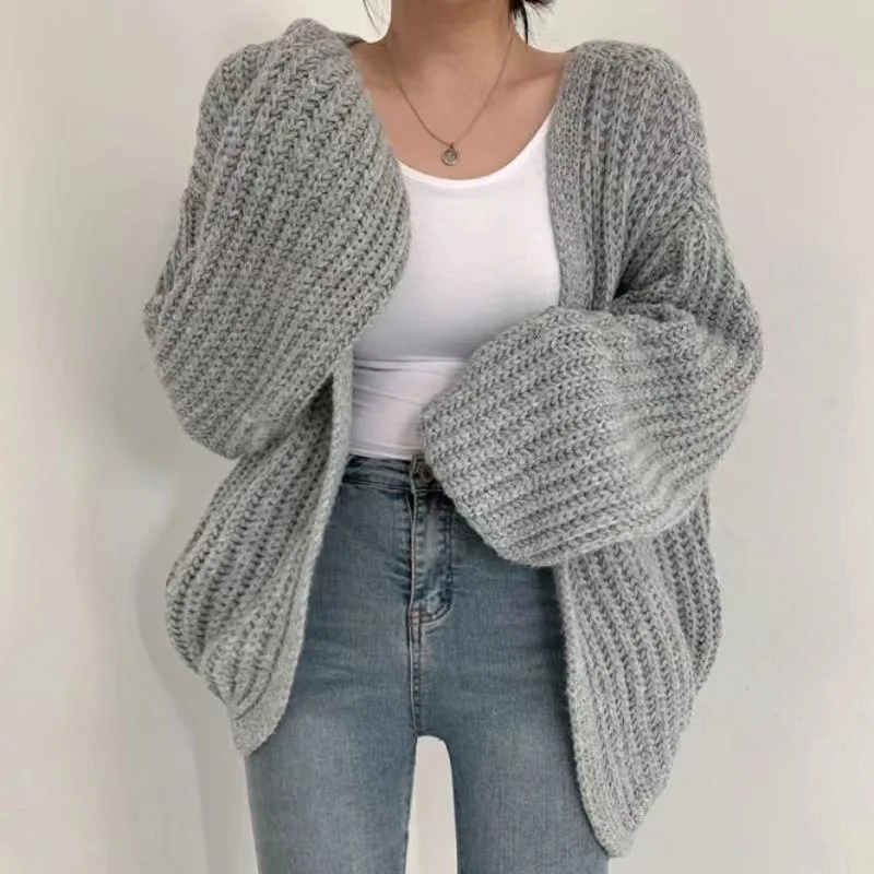 Autumn And Winter New Women\'s Lazy Vintage Solid Color Loose Versatile Knitted Cardigan Leisure Lantern Sleeve Sweater Coat