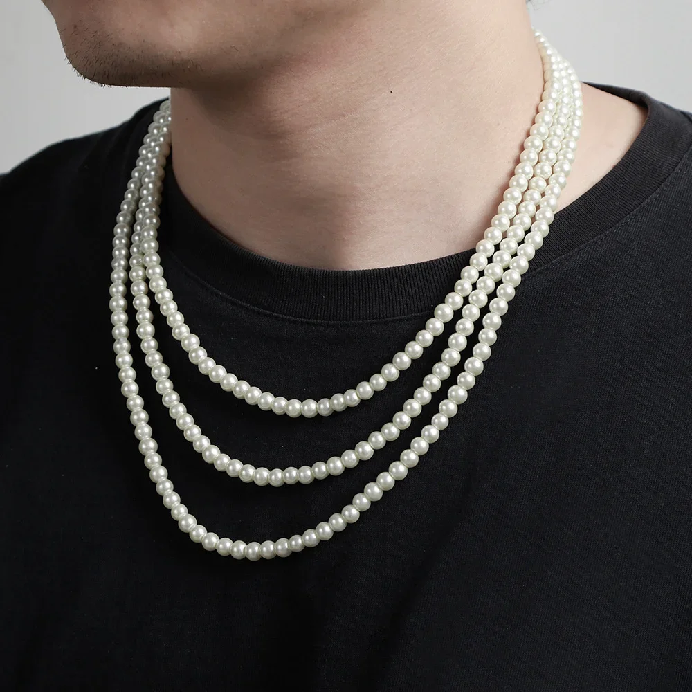 6MM French Retro Men\'s Pearl Chain Necklace Fashion Jewelry Accessories
