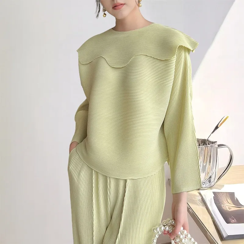 

2026 Miyake плиссированные осенне-весенние новые топы с длинными рукавами, женские простые повседневные топы, футболка, корейская европейская одежда (съемный воротник)