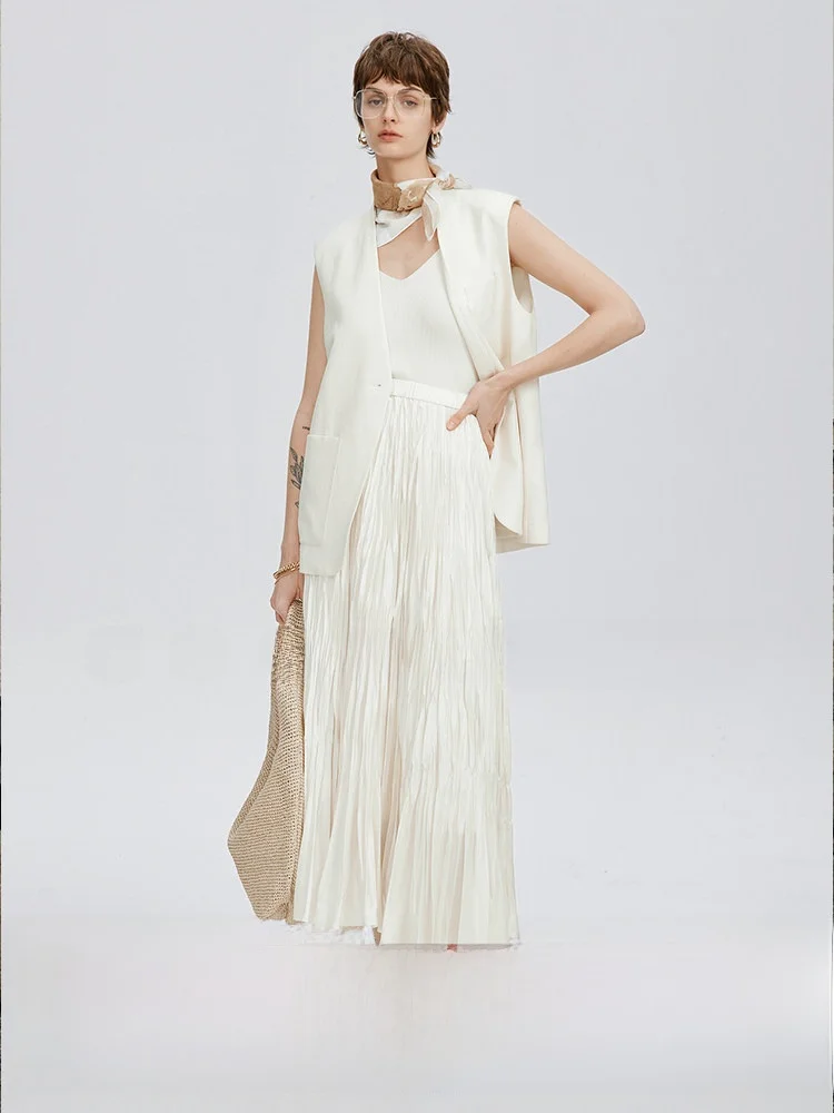 

COOBLOOM White A-Line Midi Skirt Pleated Texture Design Slimming f-length Polyester Blend Summer Commute Sle Skirt