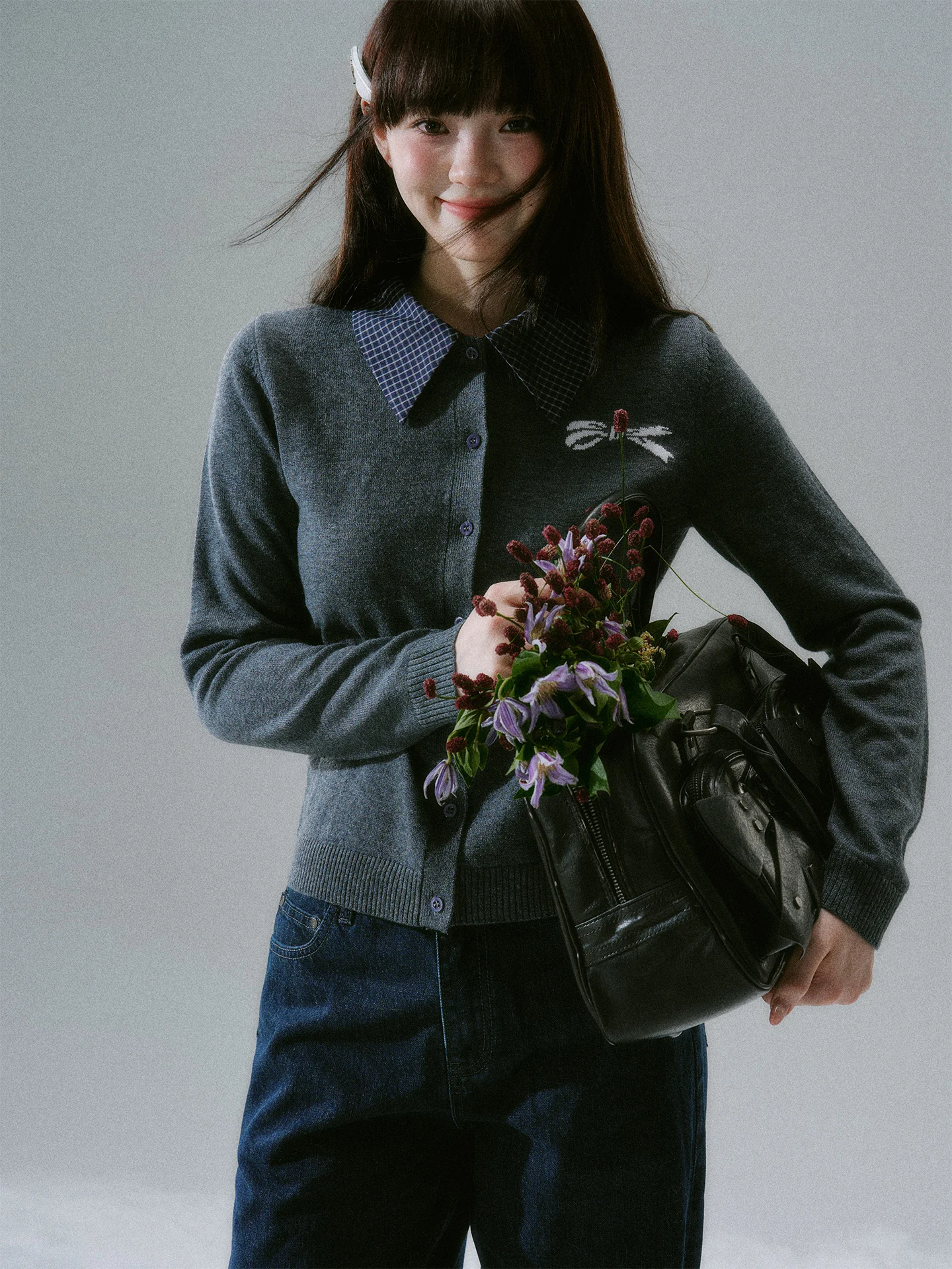 

Lost Forest Spring New Sweet Girl Woolen irt Collar Open Cardigan Sweater Soft Medium Thin Long Sve Daily Wear