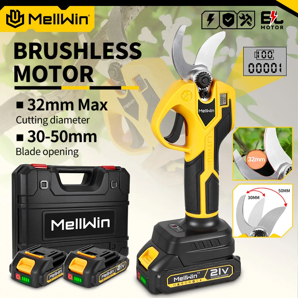 MELLWIN Bürstenlose 32-mm-Elektro-Gartenschere mit 2 Gängen, elektrische Schere für Garten, Obstbäume, Bonsai, Schneidewerkzeug für Makita 18V Akku