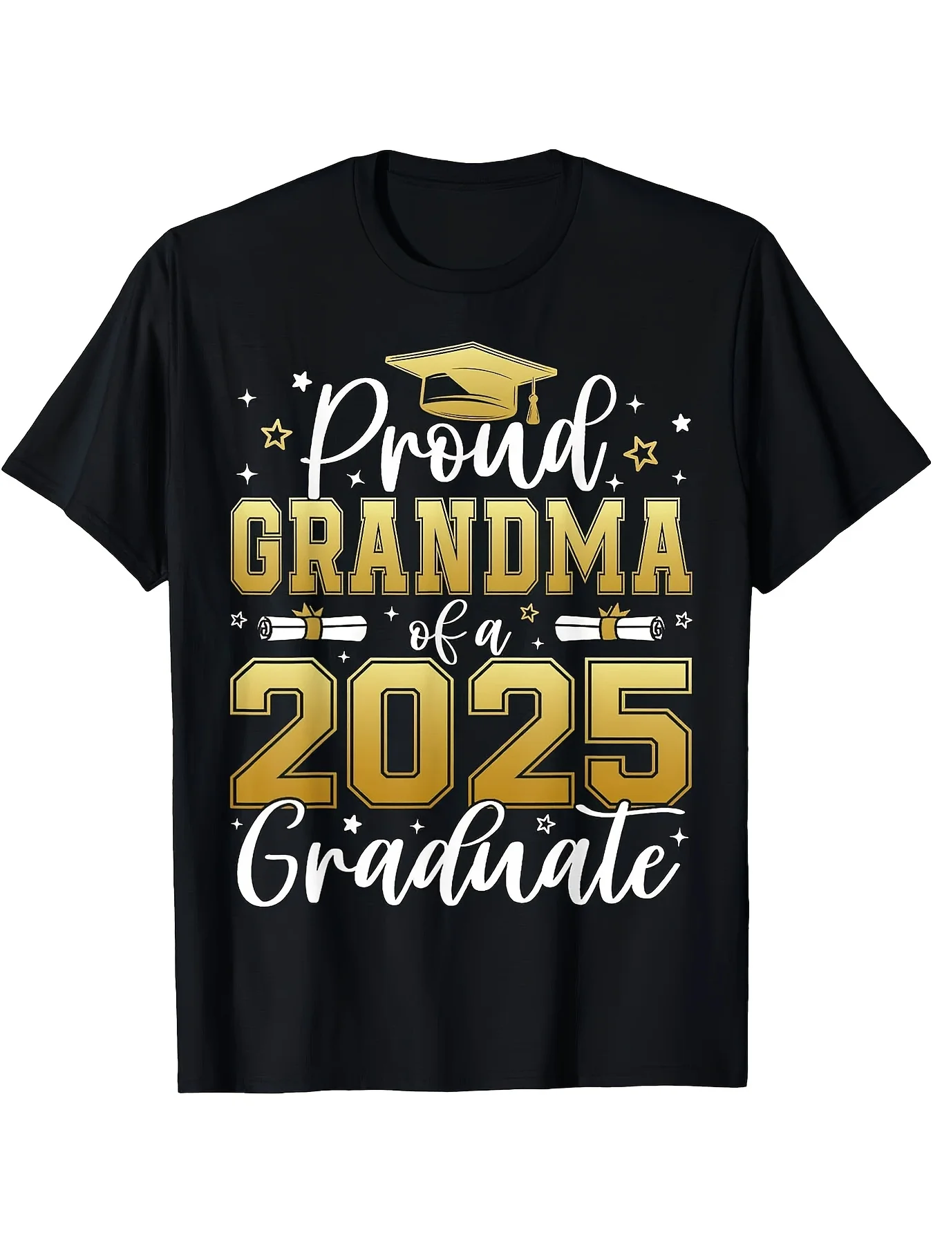 

Class of 2025 Graduation T-Shirt - Proud GRANDMA of a 2025 Graduate Graphic, Black with Golden Stars & Mortarboard Design, 180g
