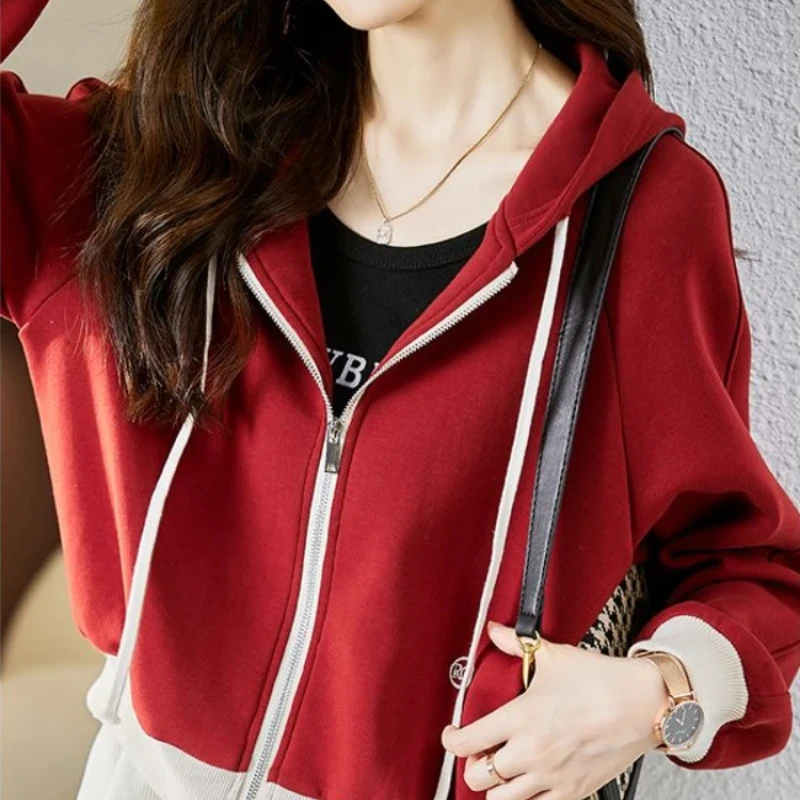 Hoodies Cotton Woman Tops Spring and Autumn Red Hooded Sweatshirt for Women Korean Clothing Basic Emo 90s Vintage Y 2k Casual - view 2