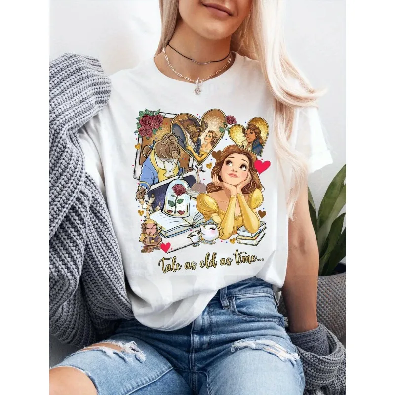

Disney's "Beauty and the Beast" Princess Belle Retro Pattern T-shirt unisex pure cotton short sleeved round neck casual top