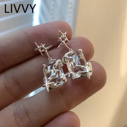 LIVVY Silver Color  Sparkling Zircons Pendant Earrings Bride Jewelry for Women New Trendy Elegant Wedding Party Accessories