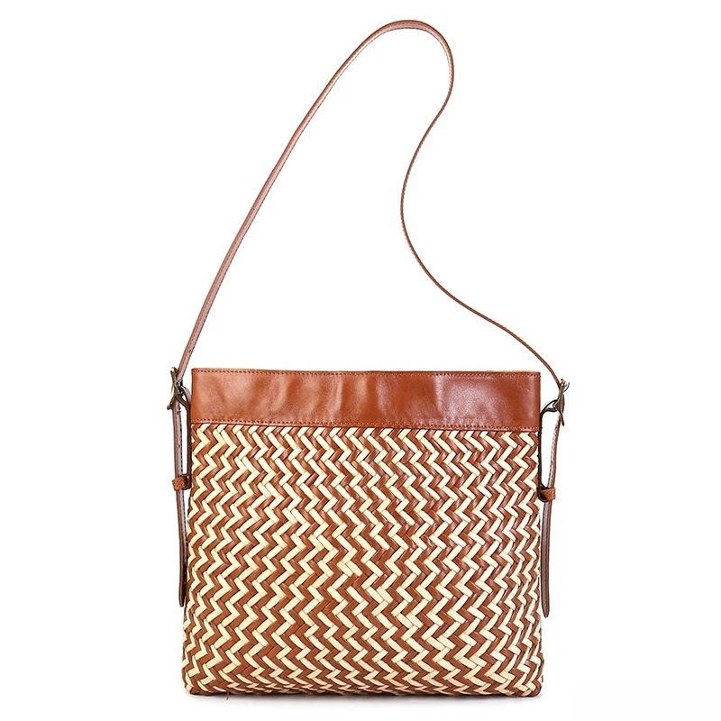 Vintage Work Shoulder Bag for Women Genuine Leather Handwoven Colorblock Convertible Crossbody Strap Luxury Handbag