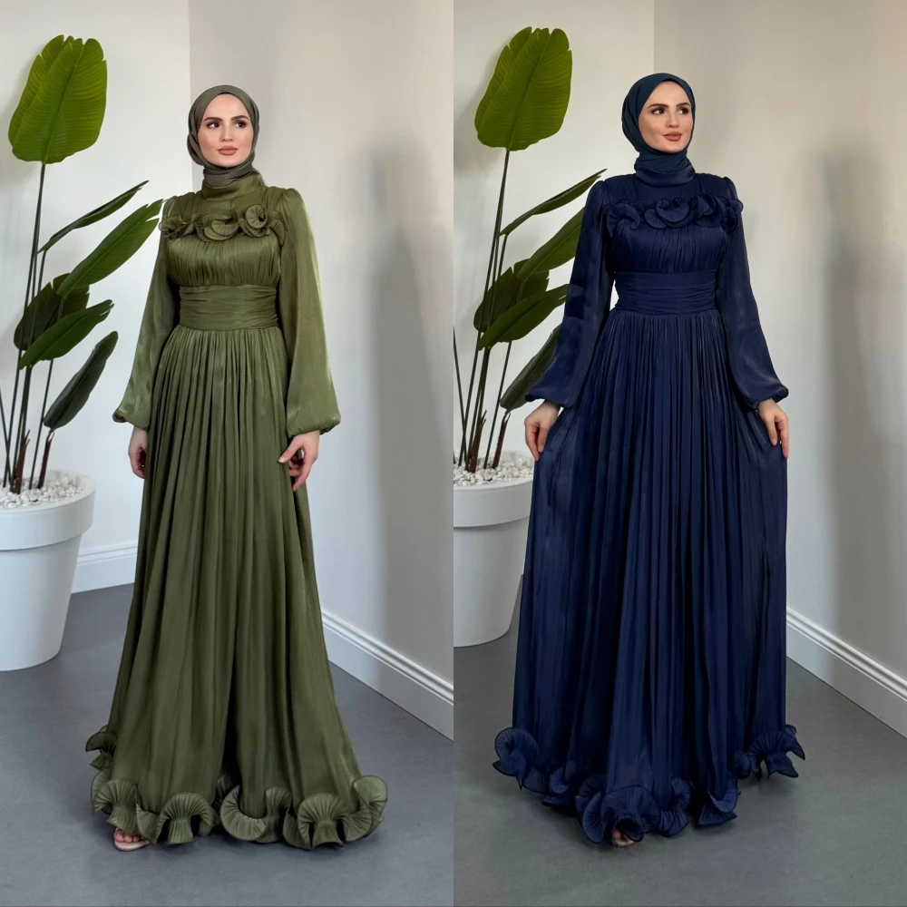 

Customized Handmade Flower Pleat High Collar A-line Long Dresses Bespoke Occasion Dresses Elegant Party Wedding Evening Gown