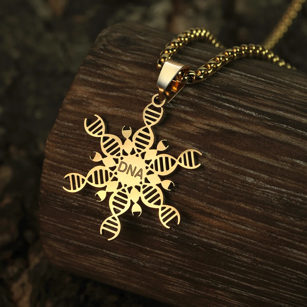 QIAMNI Stainless Steel DNA Helix Molecule Biology Pendant Necklace For Men Women Chemical Choker Science Jewelry Teacher Gift