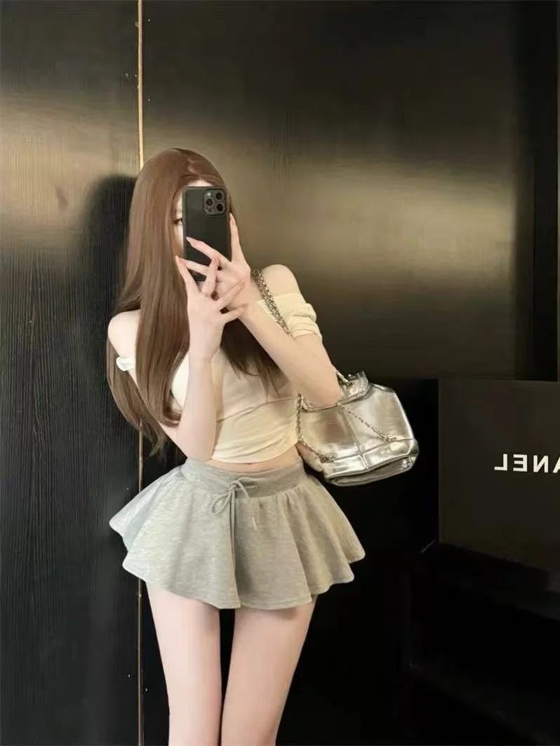 

Gray Drawstring Halter Women's Summer Anti-Light Skirt High Waist Puffy Short A-Line Skirt Versatile Girls' Elastic Waist Skirt