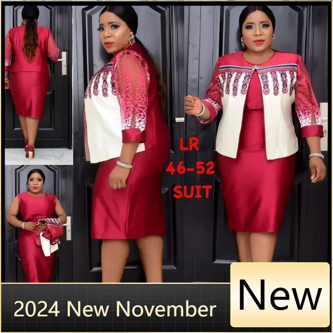 4XL 5XL Africa Plus Size Women's Dresses 2 Piece Sets Spring Autumn New Round Neck 3/4 Sleeve Pleated Dress Large Clothes