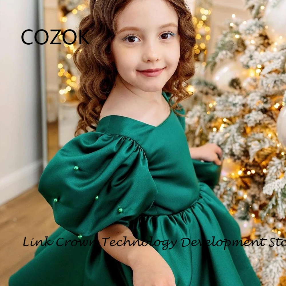 

COZOK Green Flower Girls Dresses with Beading Beading 2024 Puffy Sleeve Christmas Dresses for Princess Summer فستان عيد الميلاد