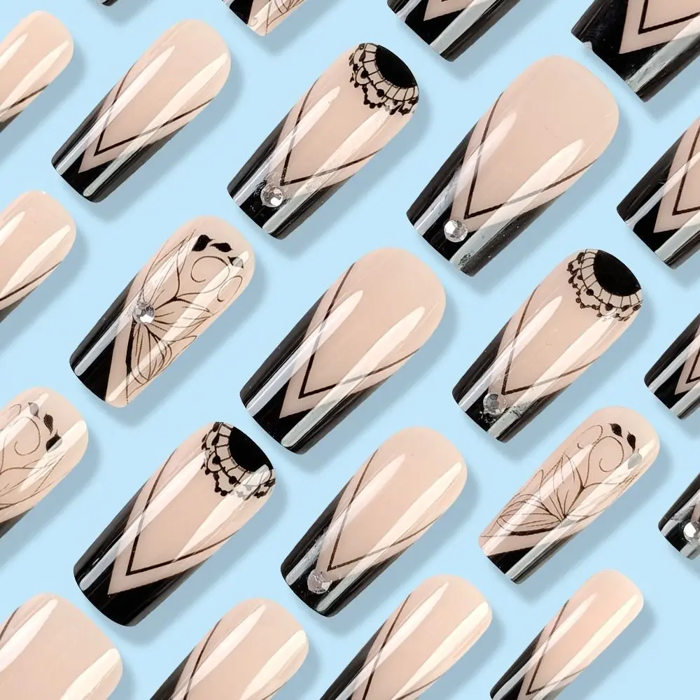 새로운 롱 발레리나 및 스퀘어 인조 손톱 프렌치 블랙 화이트 가짜 손톱 글리터 캣아이 탈부착식 프레스온 네일 DIY