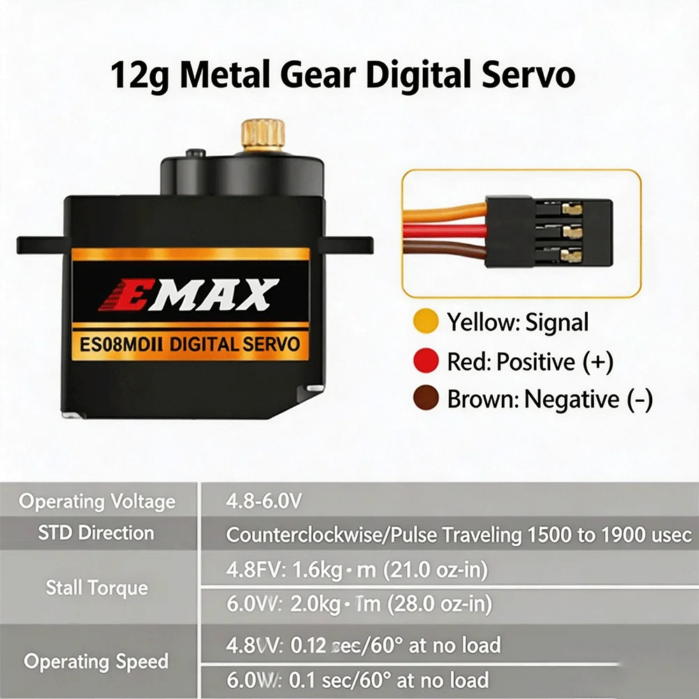 EMAX ES08MD II Mini Metal Digital Servo 12g High-Speed Gear for FPV RC Airplane Fixed-Wing Model - Gift Quality Digital Servo