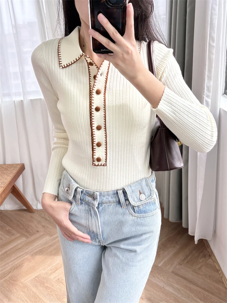 New 2024 High Quality Women Sweater Wool Pullover Slim Fit Color Blocking Elegant Classic Design Trendy Stylish Casual Sweet SE