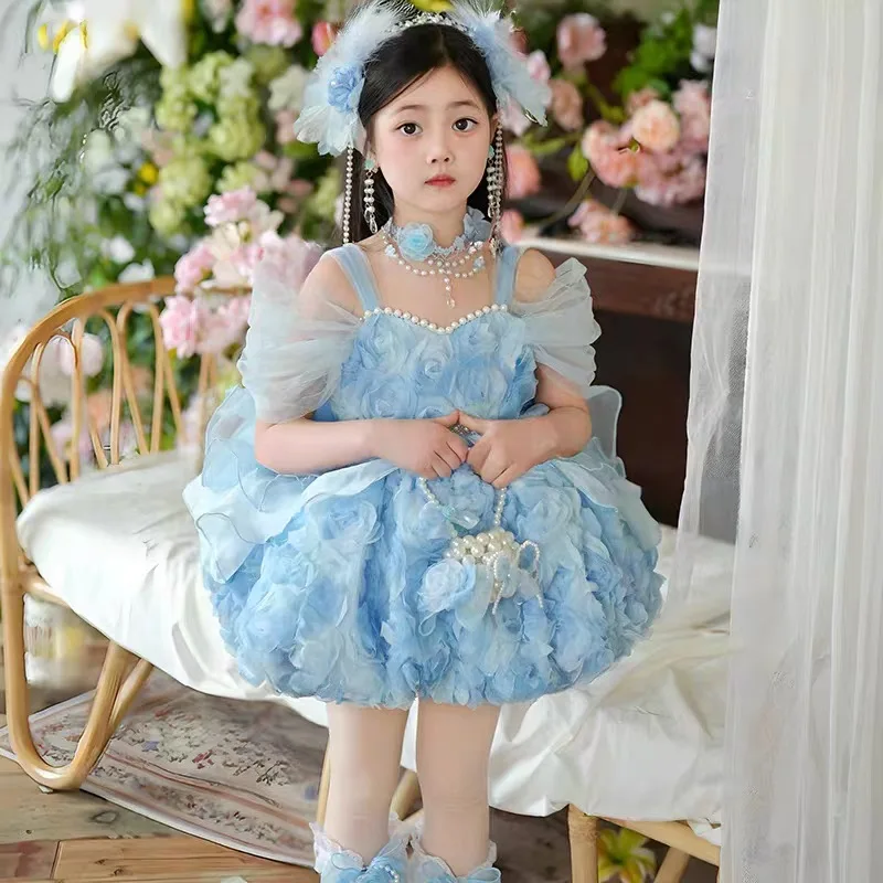 Girls Blue Sweet Fantasy Princess Dress Children's Dress Show Host Dress Flower Girl Fashion Dress Fluffy High Quality