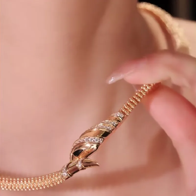 Cameo Women Luxury Snake Shaped Cubic Zirconia Choker Necklace Champagne Gold   Bead Chain Statement Collar Necklace for Banquet