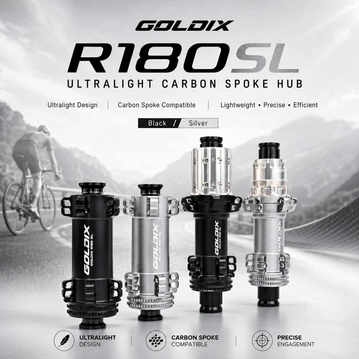 GOLDIX R180SL 20H Lightweight Road Bike Disc Hub, 36T Ratchet, 255g, 10–12 Speed, Swiss-Compatible, Carbon Spoke Ready
