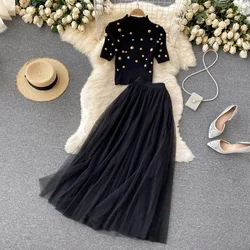 Chic Women Two-Piece Sets Half High Collar Embroidered Bead Top and High Waist Mesh Skirt French High Street Autumn Clothing