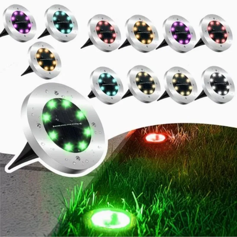 

4 шт. уличных солнечных светильников для газона с автоматической многоцветной подсветкой, подходят для дворов и садов, встраиваемые, водонепроницаемые.
