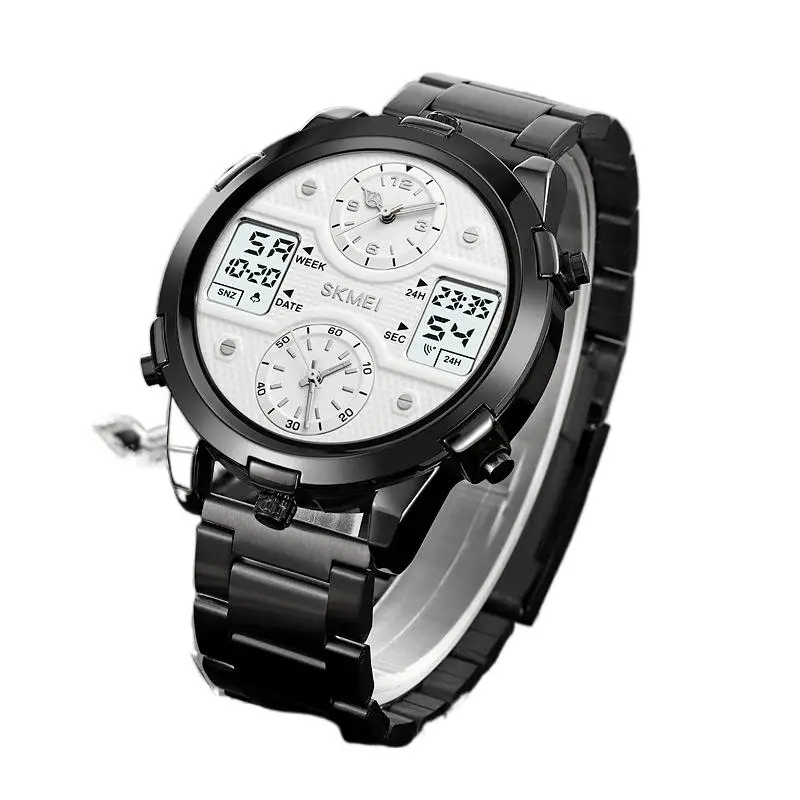 Skmei 4Time عرض مزدوج متعدد الوظائف ساعة إلكترونية عصرية للرجال لوحة كبيرة