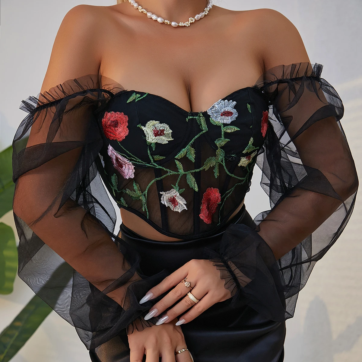 Womens Fall T-shirt Fashion 2024 Off Shoulder Embroidery Lozenge Fishbone Long Sleeve Elegant Party Bustier Corset Crop Top Y2K