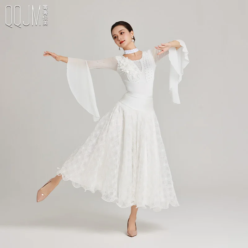 2025 Woman Modern Dance Costumes New Ice Silk Elastic Large Swing Dress Waltz Tango Dance Skirt Set L202403