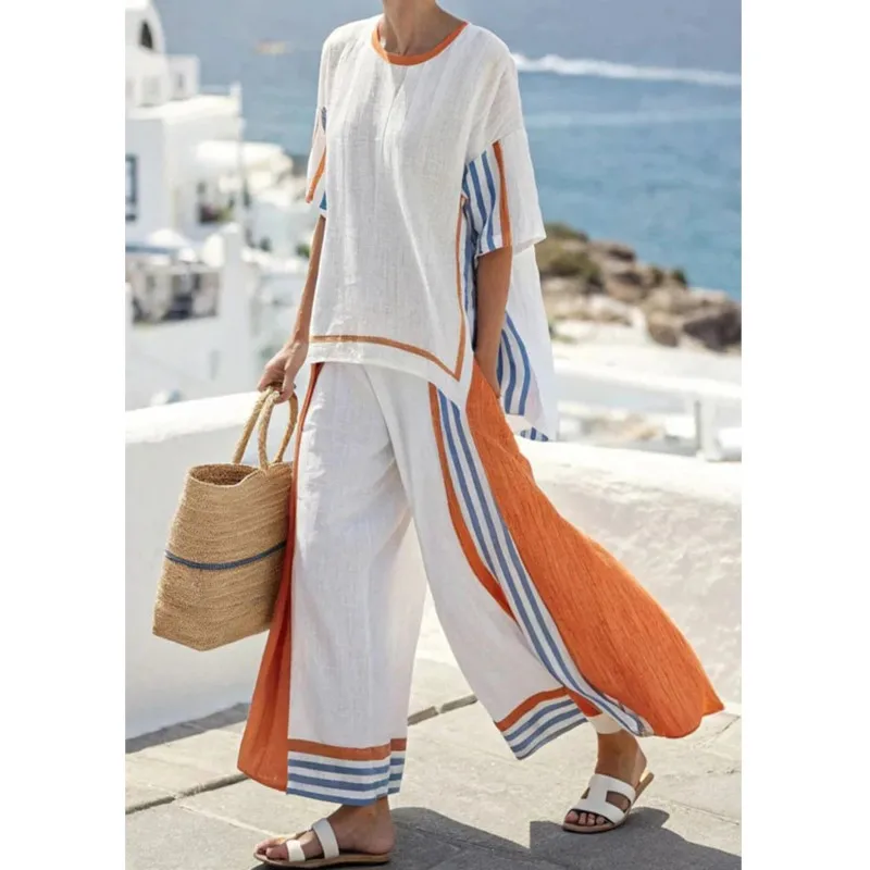 

Простой комплект из двух предметов в полоску для женщин: новый свободный топ с рукавом до локтя и широкие брюки. Повседневный уличный стиль, комплект для отпуска.