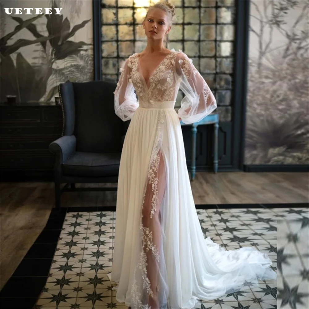 

UETEEY Customized Boho V Neck Puff Sleeves Appliques A Line Wedding Dress Lace Up Back Bridal Gown High Silt vestidos de novia