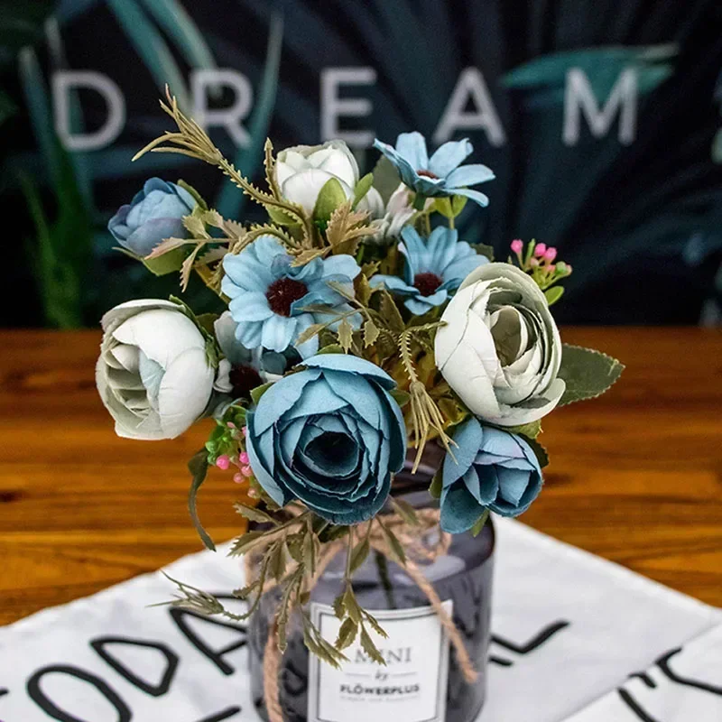 1 Bouquet blau Künstliche Blumen Pfingstrose Tee Rose Herbst Seide Gefälschte Blumen für DIY Wohnzimmer Home Garten Hochzeit Dekoration