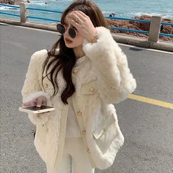 Lucyever Korean Fashion Lamb Wool Coats Women Streetwear O-Neck Faux Fur Jackets Woman 2025 Autumn Winter Thick Warm Plush Coat
